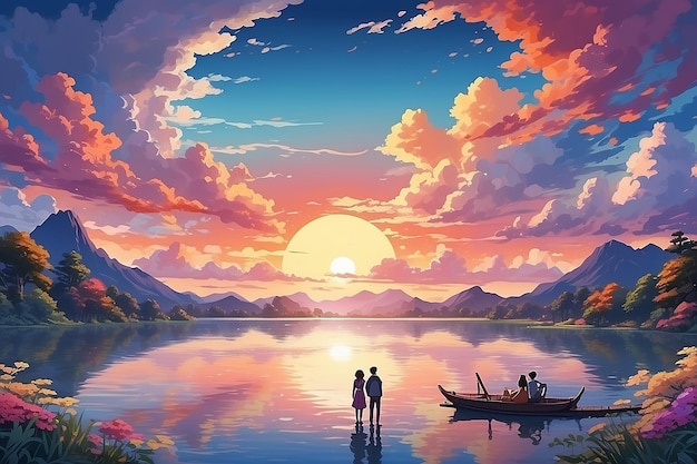 Japanese pattern Romantic Anime couple admiring the sunset at a scenic lake under