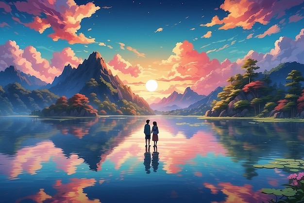 Japanese pattern Romantic Anime couple admiring the sunset at a scenic lake under