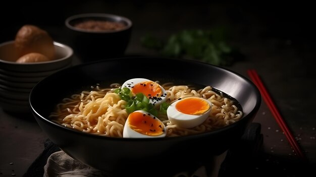 Japanese ramen noodle with pork and egg isolated on black background