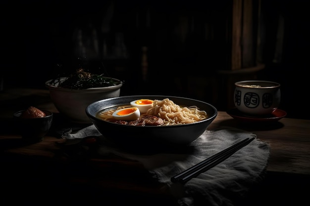 Japanese ramen soup with chicken egg chives and sprout on dark wooden Neural network AI generated