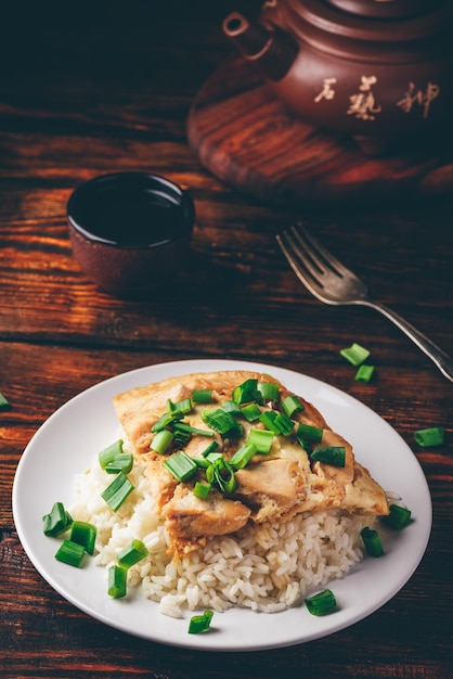 Japanese rice dish with chicken egg sliced scallion