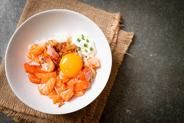 Japanese rice with fresh salmon raw and egg