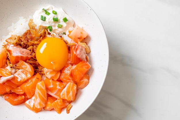 Japanese rice with fresh salmon raw and egg