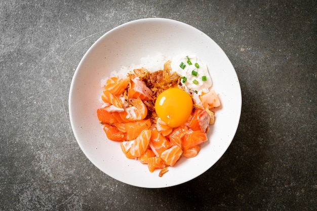 Japanese rice with fresh salmon raw and egg