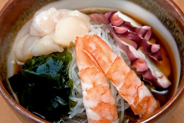 Japanese salad sunomono mixed Japanese food soup broth gastronomy close up view