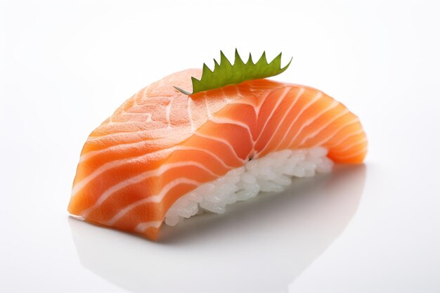 Japanese salmon sushi closeup isolated on white background