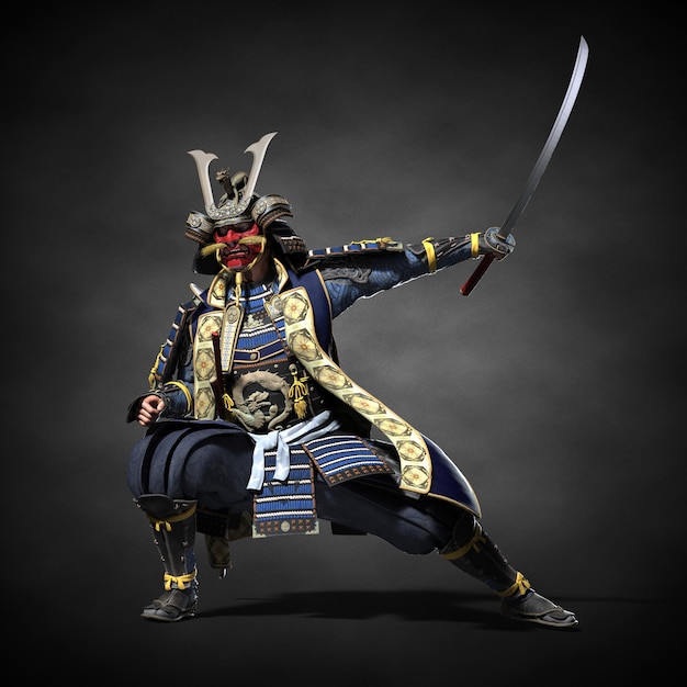 A Japanese samurai with a drawn sword. 3d illustration