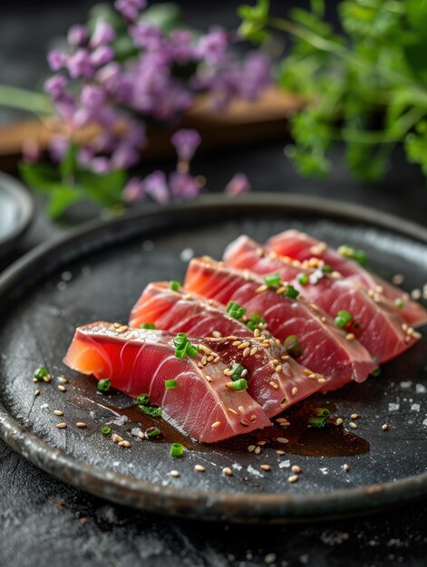 Photo japanese sashimi aburi seared fish on black plate close up dark food photo