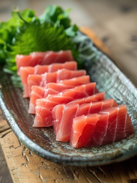 Photo japanese sashimi akami lean tuna light background detailed setting