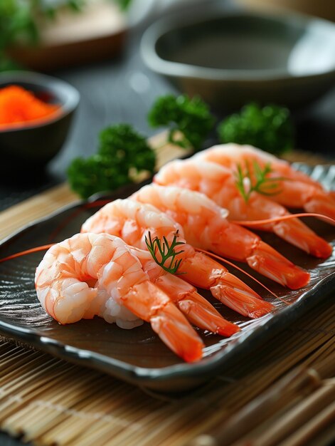 Japanese sashimi Amaebi Sweet shrimp beige background detailed setting