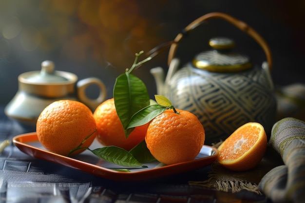 Photo japanese satsuma oranges and green tea