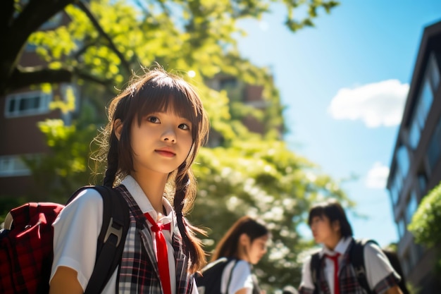 Photo japanese schoolgirl in uniform and schoolchildren go to school on a sunny day