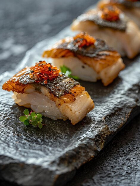 Photo japanese seared fish nigiri sushi aburi with dark background close up nigiri food photo