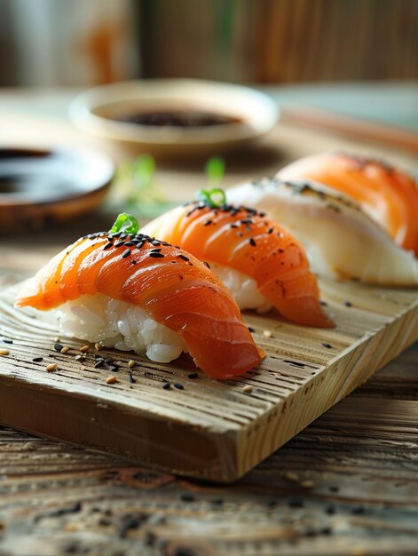 Photo japanese seared fish nigiri sushi aji with light beige background close up nigiri food photo