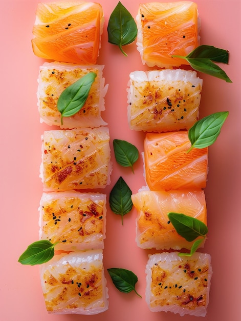 Japanese seared fish Sashimi Aburi on bold solid background close up food photo