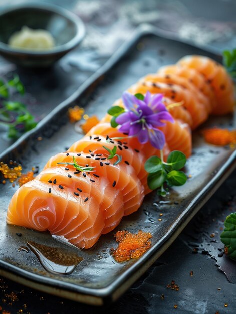 Photo japanese seared fish sashimi aburi on dark background close up food photo