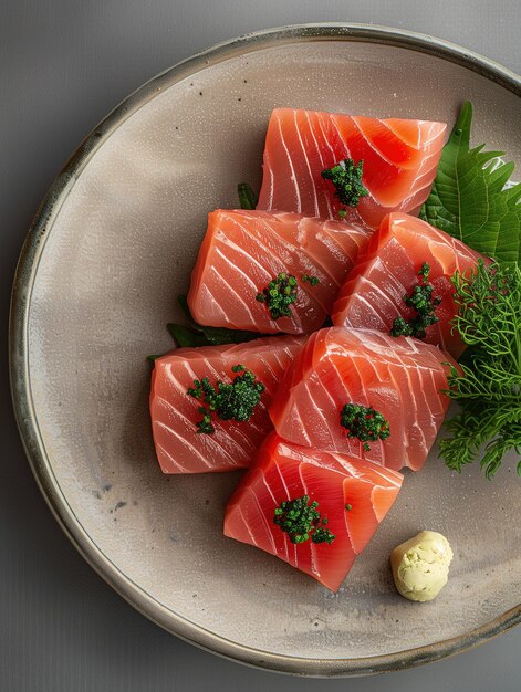 Japanese seared fish sashimi Buri Sushi with beige background close up photo