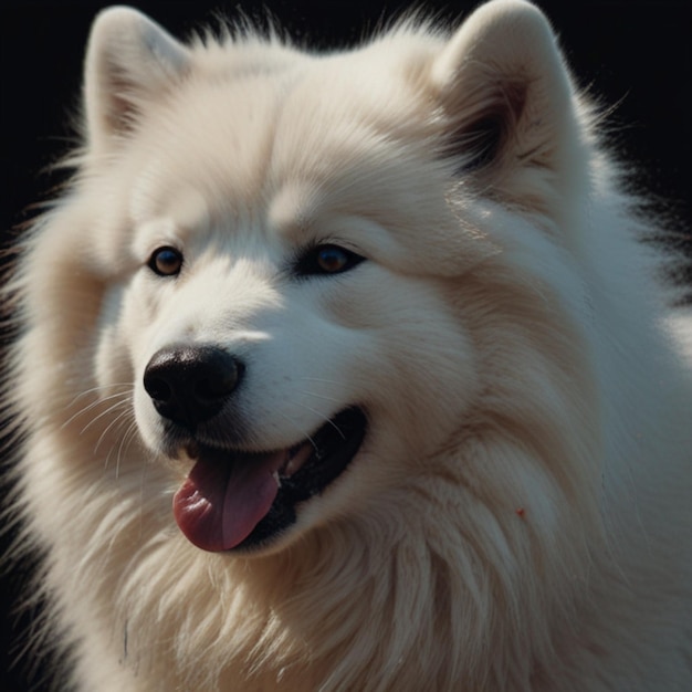 Japanese spitz puppy looking away from the camera on a gray background