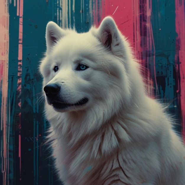 Japanese spitz puppy looking away from the camera on a gray background