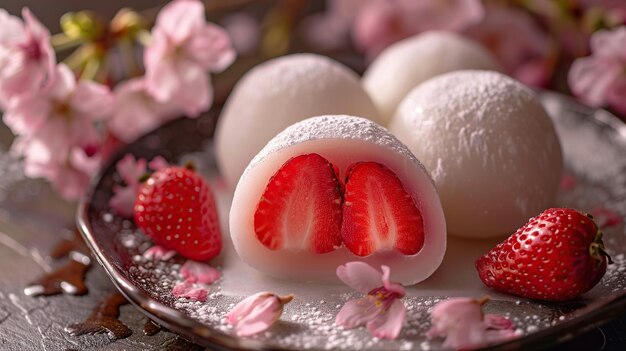 Japanese Strawberry Mochi with Cherry Blossoms