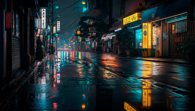 A Japanese street in the rain.