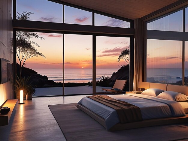 Japanese style house architecture at sunset by the sea