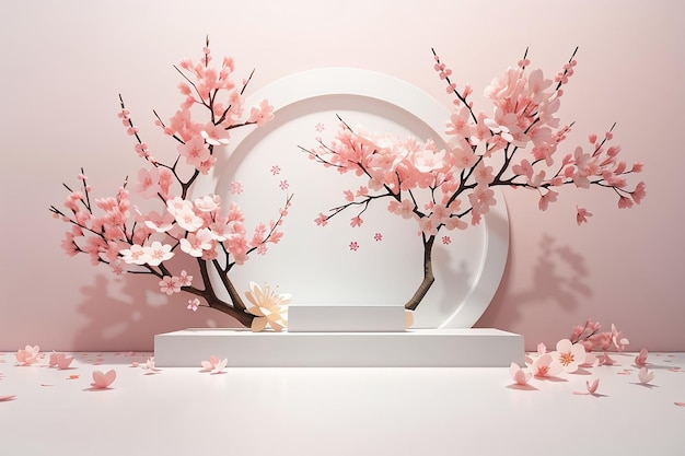 Japanese style minimal cherry blossom white background for product presentation 3d rendering illustration