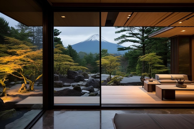 Japanese style modern cottage with large windows interior landscape design trees natural stone mountain background