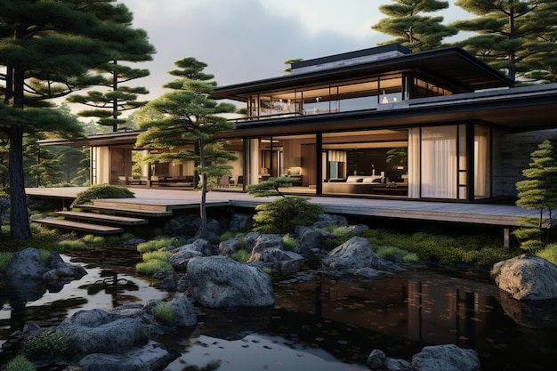 Japanese style modern cottage with large windows interior landscape design trees natural stone mountain background