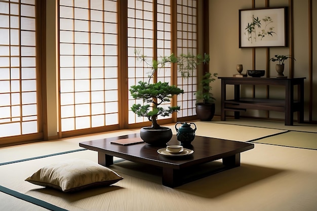 Japanese style room with bonsai and wooden table