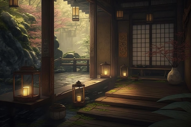 Japanese style spa, massage still, beautiful atmospheric. AI Generated