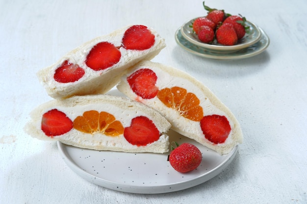 japanese style sweet fruits sandwich (fruit sando ) with lots of fruits.Sweet  summer breakfast