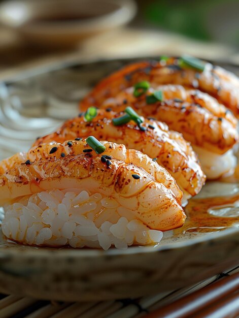 Japanese sushi Aburi Nigiri Seared fish on rice light background Nigiri photo