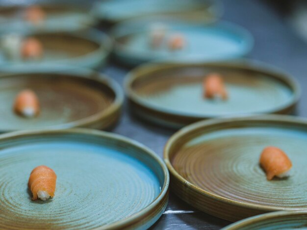 Japanese sushi dish with salmon prepared in the kitchen of a restaurant