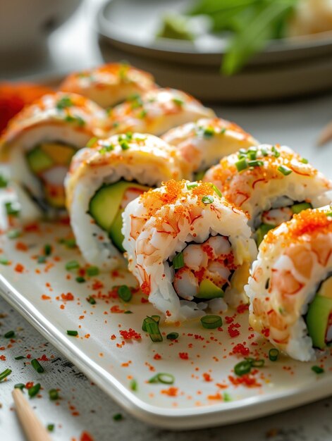 Photo japanese sushi double shrimp roll with shrimp tempura avocado and cucumber on a light background isolated