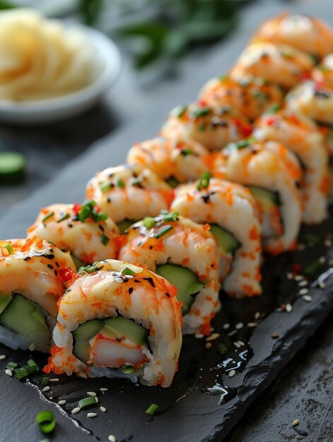 Photo japanese sushi double shrimp roll with shrimp tempura avocado and cucumber wrapped in rice and nori on a dark background