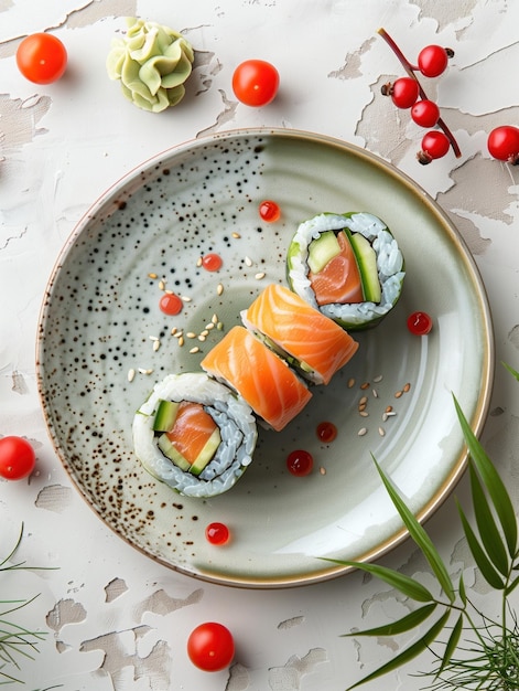 Japanese sushi sashimi Cherry Blossom Roll with salmon avocado and seared tuna on a light background