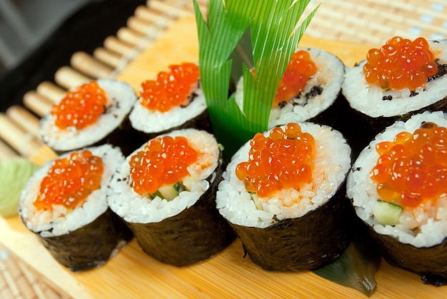 Japanese sushi . traditional japanese food.Roll made of Smoked fish and  roe