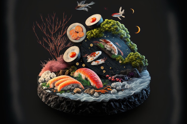 Japanese sushi with seafood against a dark background