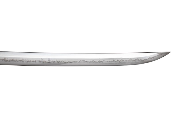 Japanese sword blade made in China on white background Soft focus The wavy pattern on the blade edge is a line of hardness that a blacksmith makes so that the blade doesn't break