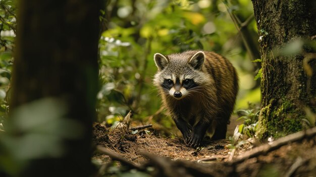 A Japanese tanuki foraging in the forest leaving room for copy space above