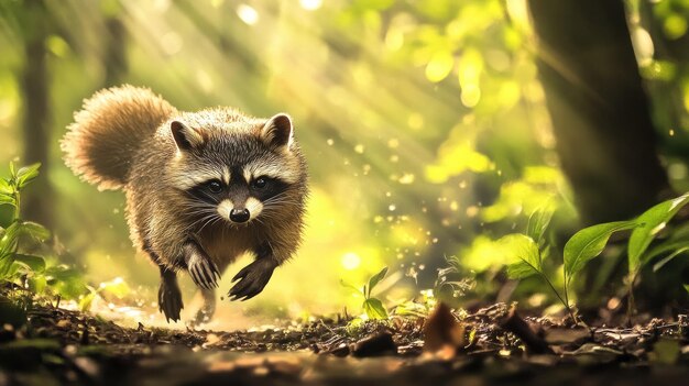 A Japanese tanuki running across a forest floor leaving space for copy text in the background