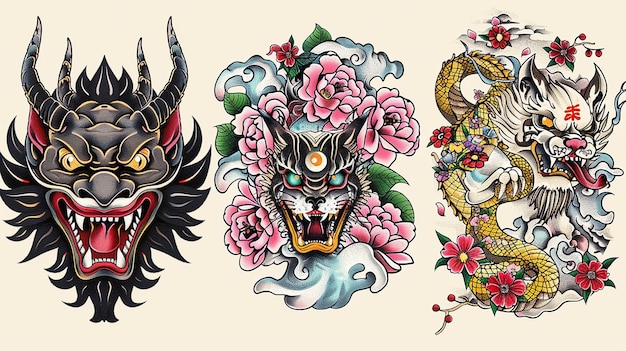 Photo japanese tattoo set