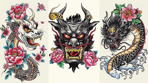 Photo japanese tattoo set