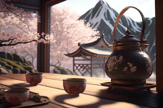 Japanese tea ceremony with a view of the mountains Generative AI 2