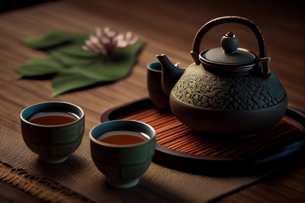 Japanese tea hot teapot and cupsgenerative ai