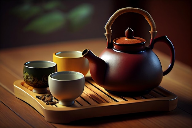 Japanese tea hot teapot and cupsgenerative ai