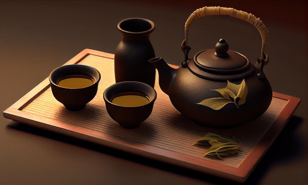 Japanese Tea Hot Teapot And Teacups On Bamboo Mat generative AI