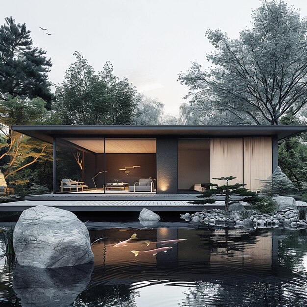 Japanese Tea House Surrounded by Koi Pond and Zen Garden