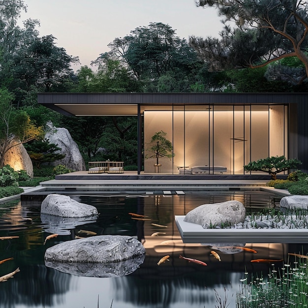 Japanese Tea House Surrounded by Koi Pond and Zen Garden